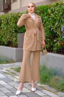 Tesettür giyim KAHVE ÇİZGİLİ KUŞAKLI PANTOLONLU TAKIM T 5333