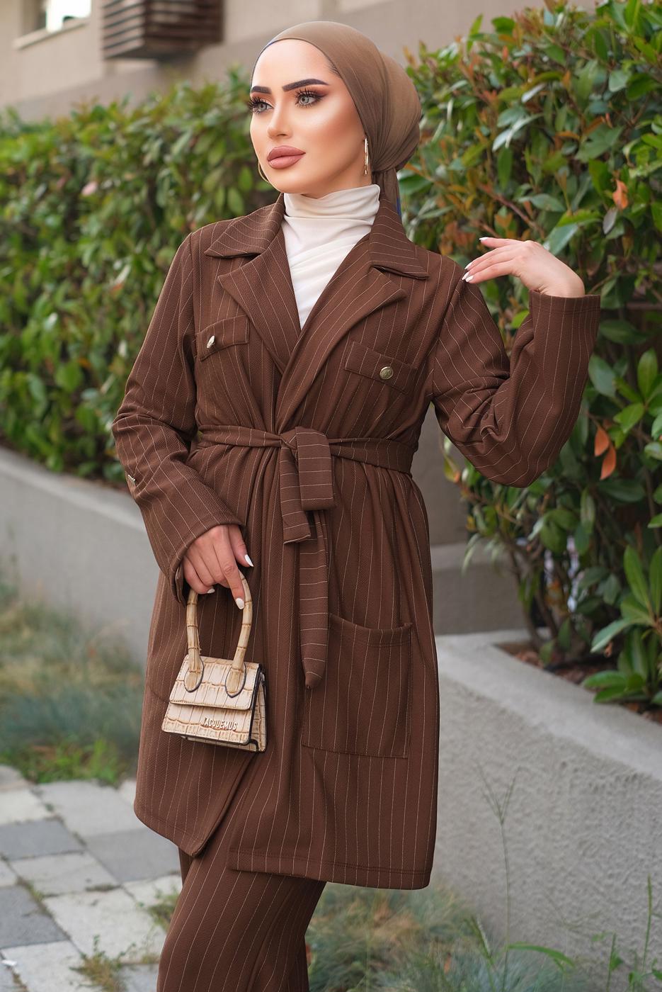 Tesettür giyim KAHVE ÇİZGİLİ KUŞAKLI PANTOLONLU TAKIM T 5333