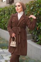 Tesettür giyim KAHVE ÇİZGİLİ KUŞAKLI PANTOLONLU TAKIM T 5333