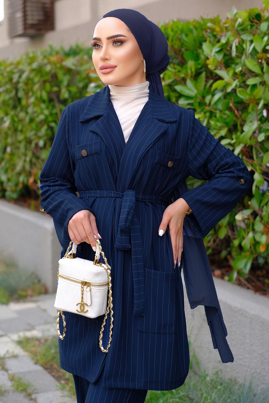 Tesettür giyim LACİVERT ÇİZGİLİ KUŞAKLI PANTOLONLU TAKIM T 5333