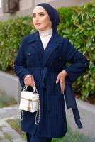 Tesettür giyim LACİVERT ÇİZGİLİ KUŞAKLI PANTOLONLU TAKIM T 5333