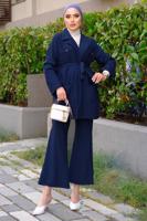 Tesettür giyim LACİVERT ÇİZGİLİ KUŞAKLI PANTOLONLU TAKIM T 5333