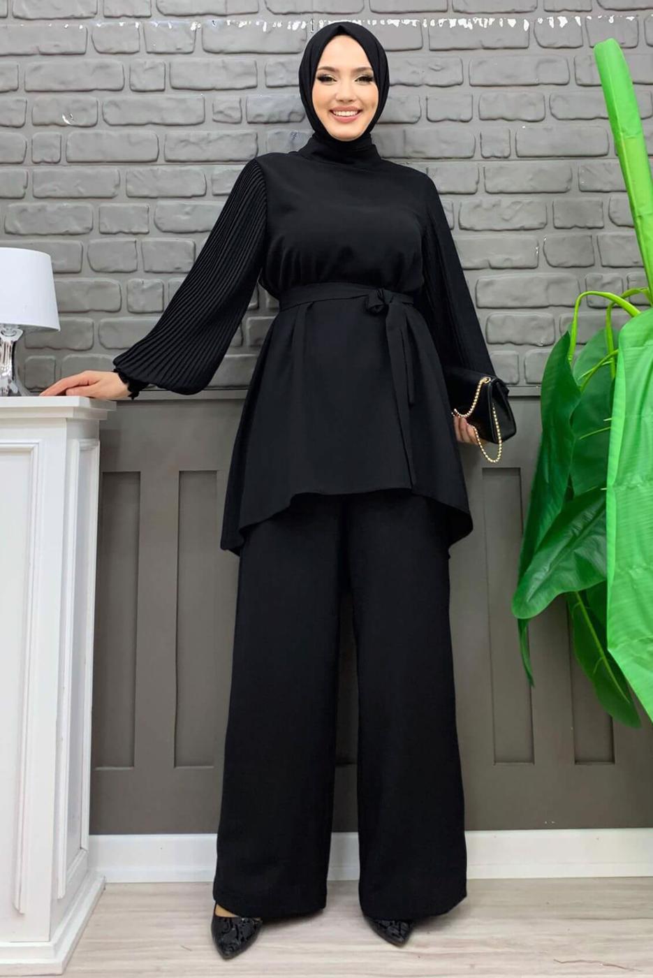 Tesettür giyim SİYAH KOLU PİLİSELİ GENİŞ PAÇA PANTOLONLU TAKIM T 5348