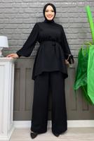 Tesettür giyim SİYAH KOLU PİLİSELİ GENİŞ PAÇA PANTOLONLU TAKIM T 5348