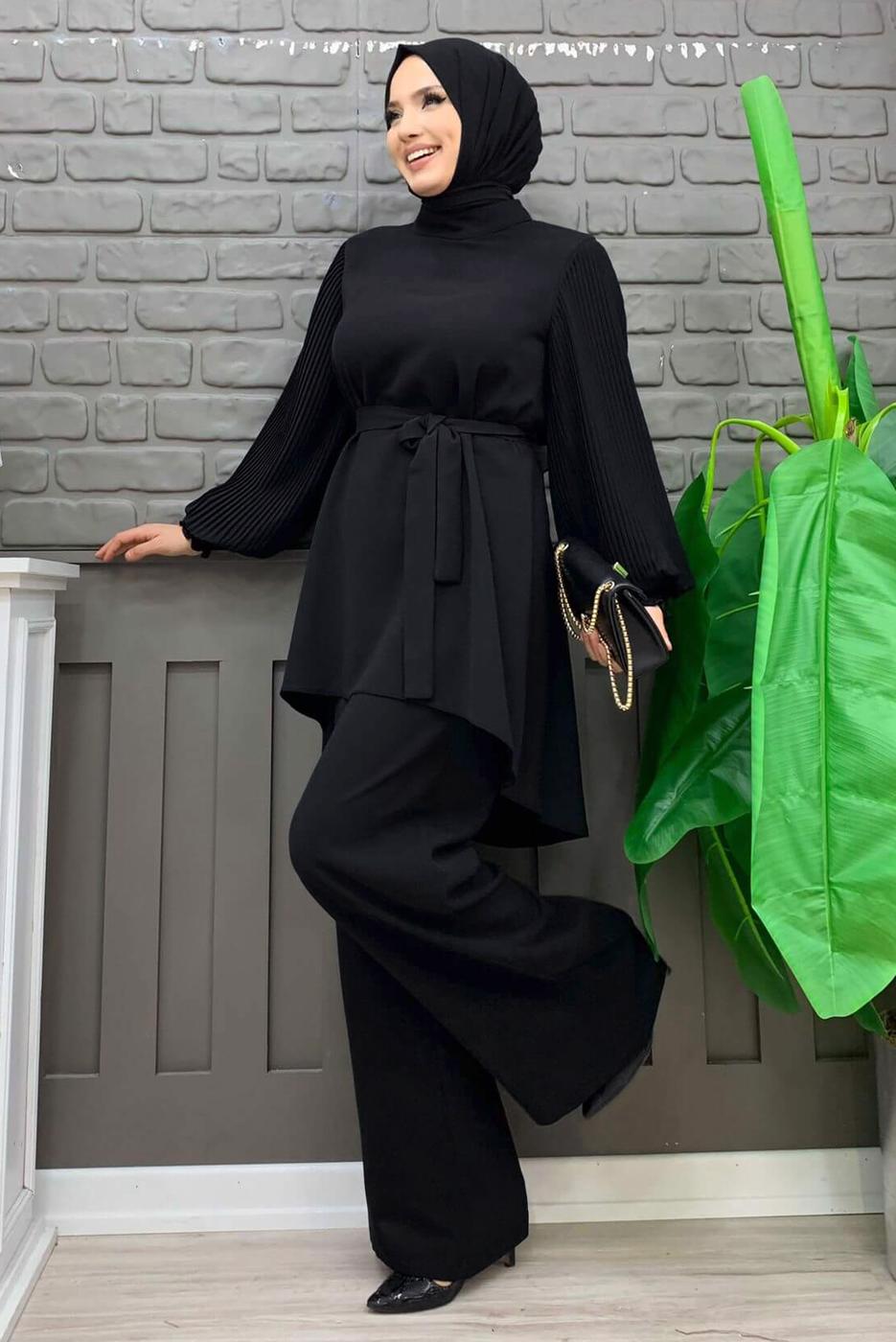 Tesettür giyim SİYAH KOLU PİLİSELİ GENİŞ PAÇA PANTOLONLU TAKIM T 5348