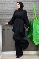 Tesettür giyim SİYAH KOLU PİLİSELİ GENİŞ PAÇA PANTOLONLU TAKIM T 5348