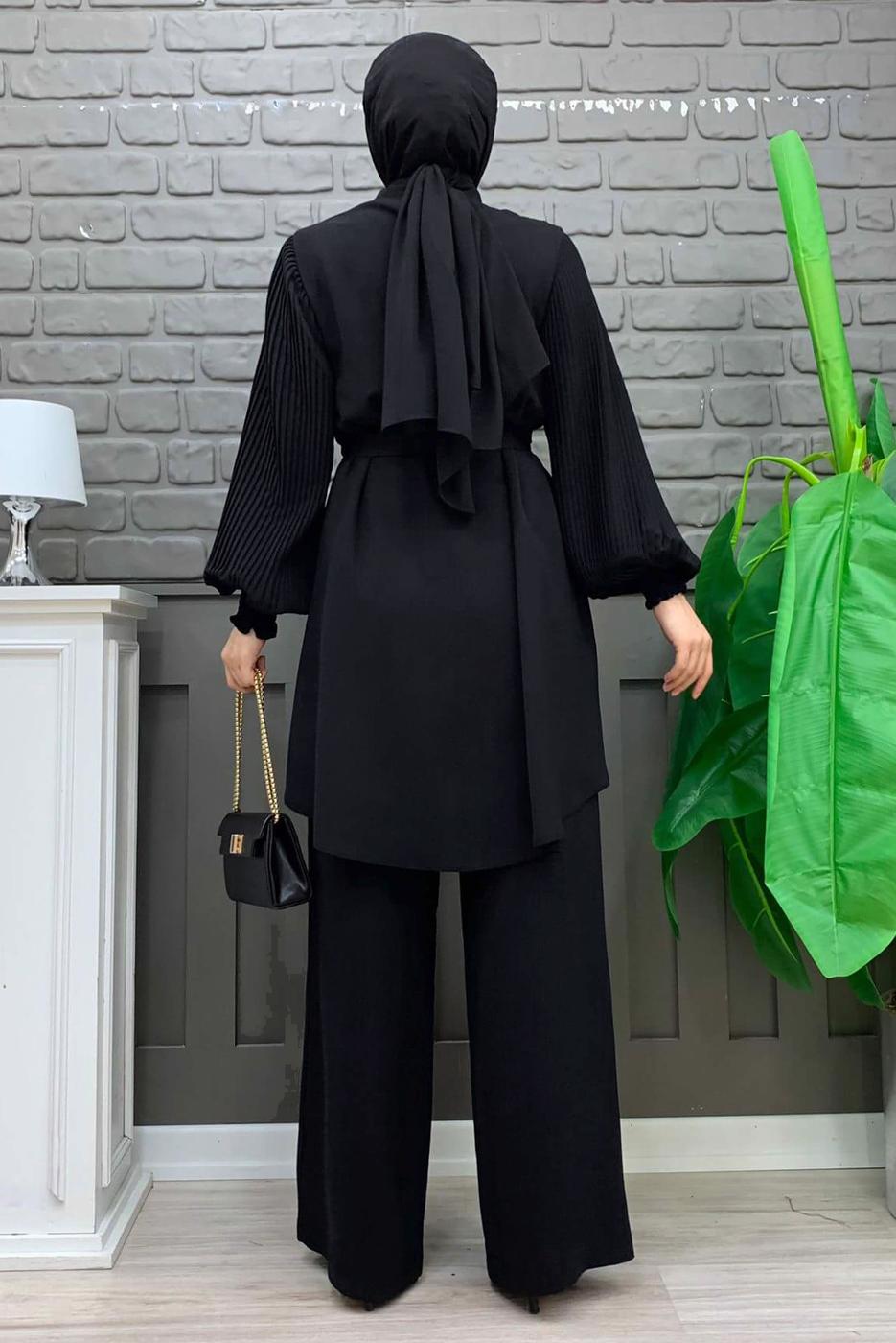 Tesettür giyim SİYAH KOLU PİLİSELİ GENİŞ PAÇA PANTOLONLU TAKIM T 5348