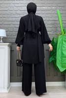 Tesettür giyim SİYAH KOLU PİLİSELİ GENİŞ PAÇA PANTOLONLU TAKIM T 5348