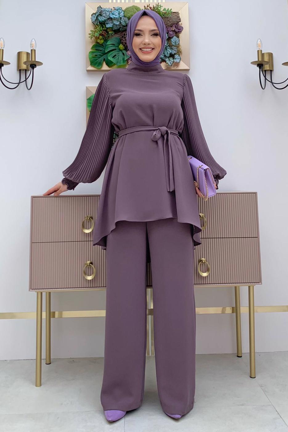 Tesettür giyim MOR KOLU PİLİSELİ GENİŞ PAÇA PANTOLONLU TAKIM T 5348