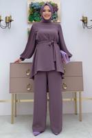 Tesettür giyim MOR KOLU PİLİSELİ GENİŞ PAÇA PANTOLONLU TAKIM T 5348