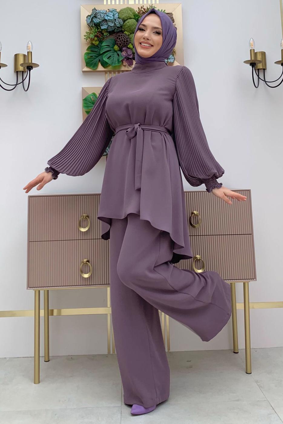 Tesettür giyim MOR KOLU PİLİSELİ GENİŞ PAÇA PANTOLONLU TAKIM T 5348