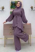 Tesettür giyim MOR KOLU PİLİSELİ GENİŞ PAÇA PANTOLONLU TAKIM T 5348