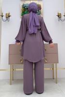 Tesettür giyim MOR KOLU PİLİSELİ GENİŞ PAÇA PANTOLONLU TAKIM T 5348