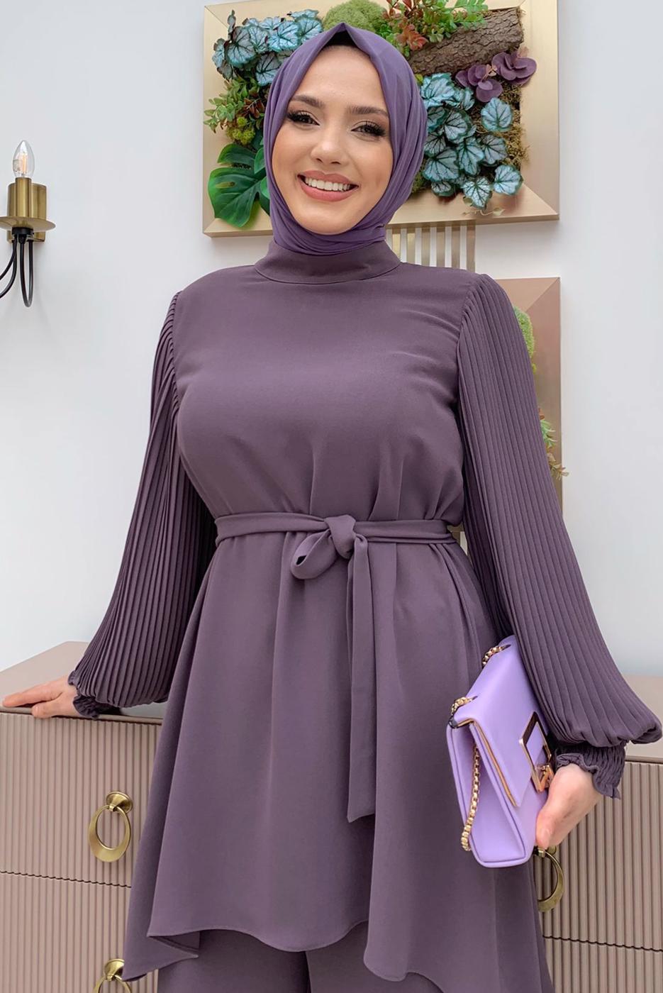 Tesettür giyim MOR KOLU PİLİSELİ GENİŞ PAÇA PANTOLONLU TAKIM T 5348