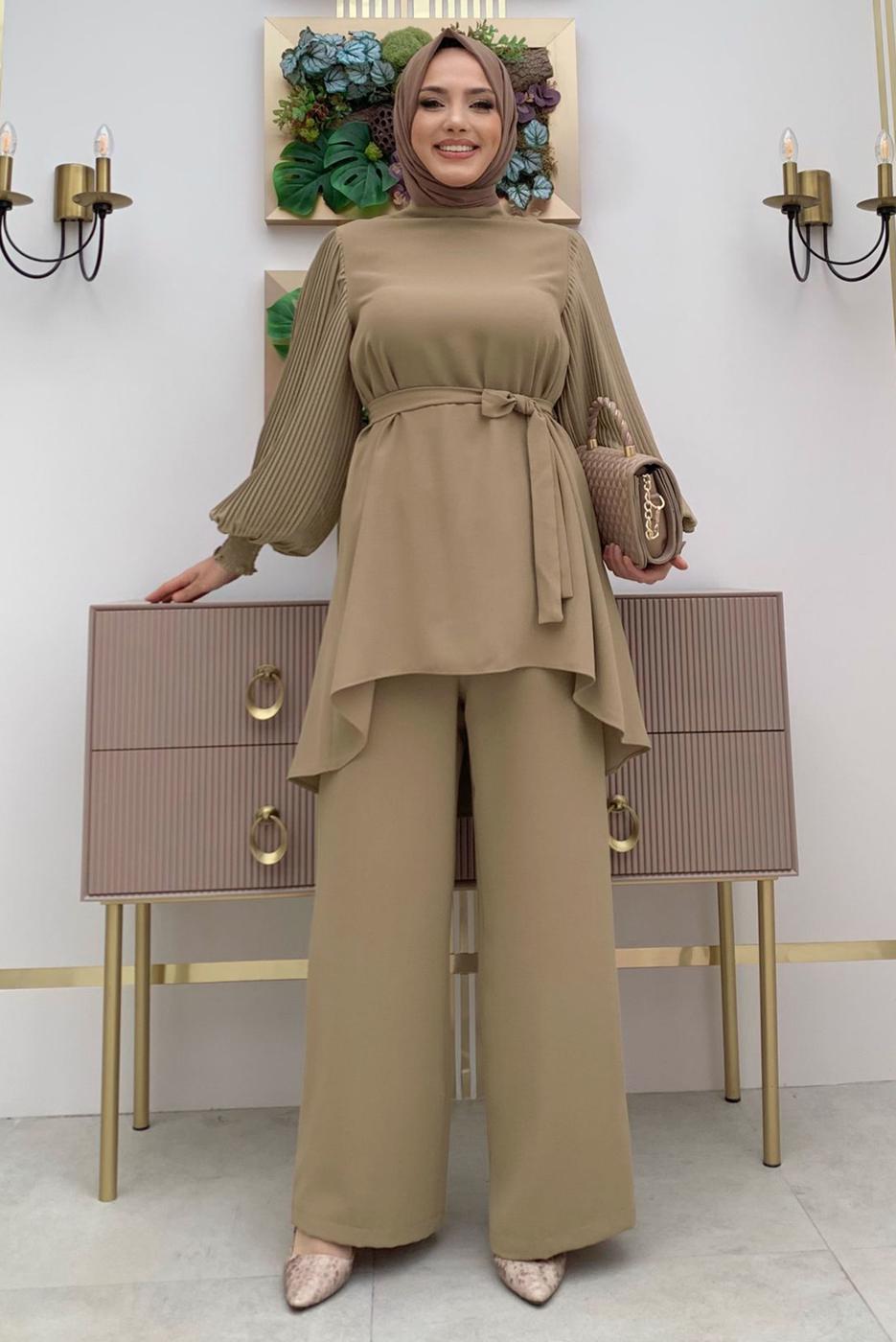 Tesettür giyim VİZON KOLU PİLİSELİ GENİŞ PAÇA PANTOLONLU TAKIM T 5348