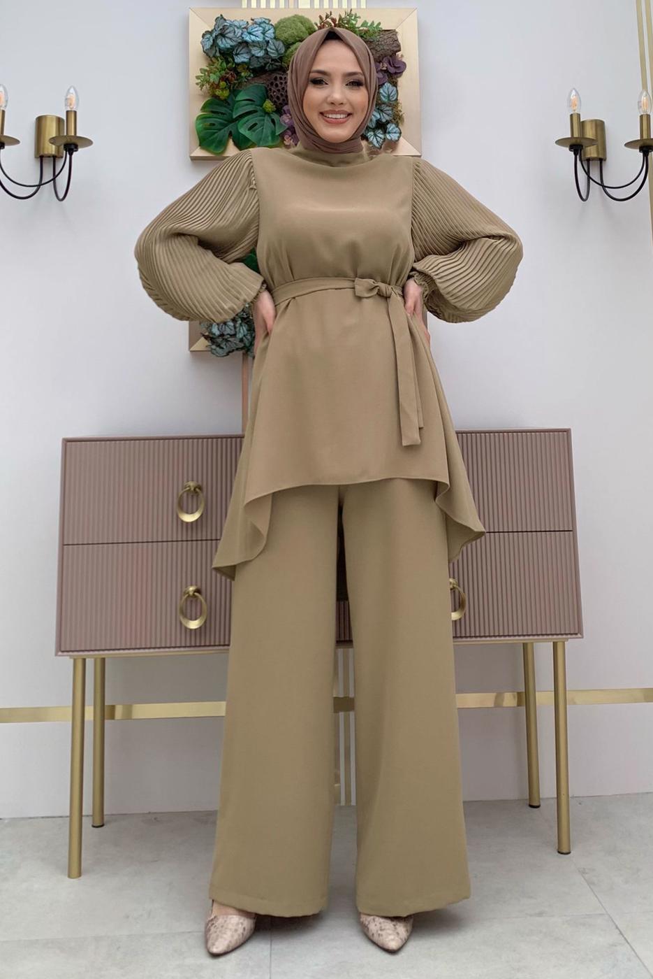 Tesettür giyim VİZON KOLU PİLİSELİ GENİŞ PAÇA PANTOLONLU TAKIM T 5348