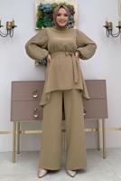 Tesettür giyim VİZON KOLU PİLİSELİ GENİŞ PAÇA PANTOLONLU TAKIM T 5348