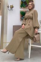 Tesettür giyim VİZON KOLU PİLİSELİ GENİŞ PAÇA PANTOLONLU TAKIM T 5348