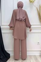 Tesettür giyim PEMBE KOLU PİLİSELİ GENİŞ PAÇA PANTOLONLU TAKIM T 5348