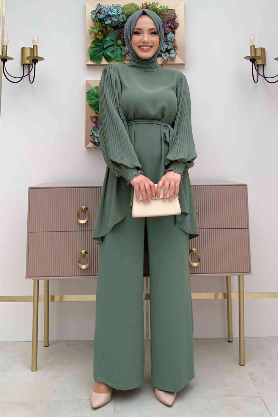 Tesettür giyim YEŞİL KOLU PİLİSELİ GENİŞ PAÇA PANTOLONLU TAKIM T 5348