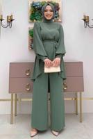 Tesettür giyim YEŞİL KOLU PİLİSELİ GENİŞ PAÇA PANTOLONLU TAKIM T 5348