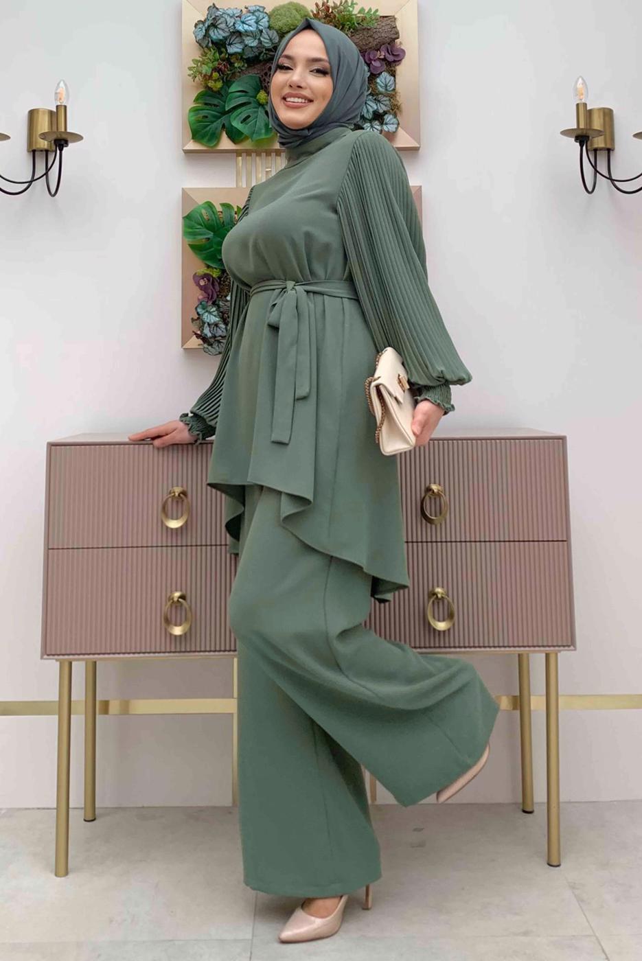 Tesettür giyim YEŞİL KOLU PİLİSELİ GENİŞ PAÇA PANTOLONLU TAKIM T 5348