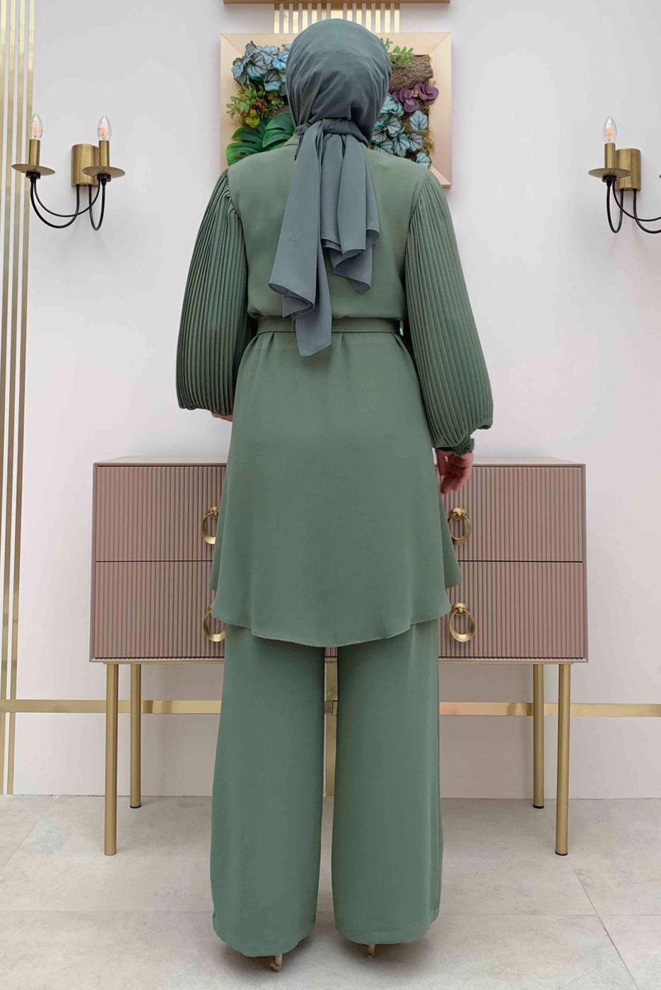 Tesettür giyim YEŞİL KOLU PİLİSELİ GENİŞ PAÇA PANTOLONLU TAKIM T 5348