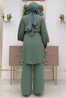 Tesettür giyim YEŞİL KOLU PİLİSELİ GENİŞ PAÇA PANTOLONLU TAKIM T 5348