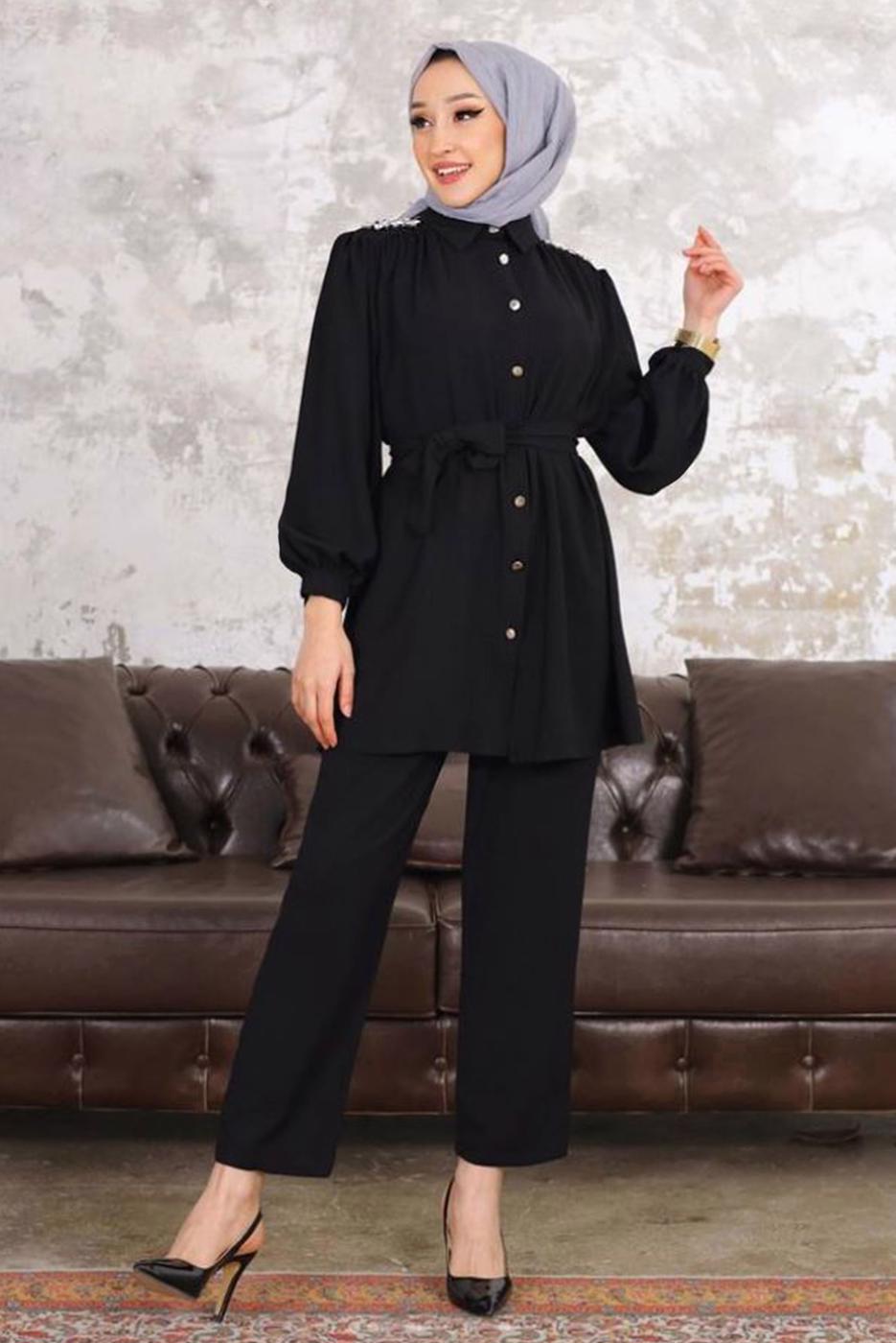 Tesettür giyim SİYAH TAŞ DETAYLI KUŞAKLI PANTOLONLU TAKIM  T 54006