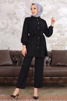 Tesettür giyim SİYAH TAŞ DETAYLI KUŞAKLI PANTOLONLU TAKIM  T 54006