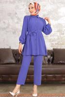 Tesettür giyim LACİVERT TAŞ DETAYLI KUŞAKLI PANTOLONLU TAKIM  T 54006