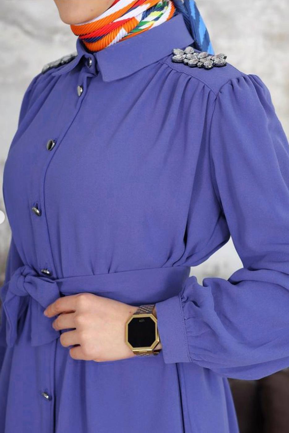 Tesettür giyim LACİVERT TAŞ DETAYLI KUŞAKLI PANTOLONLU TAKIM  T 54006