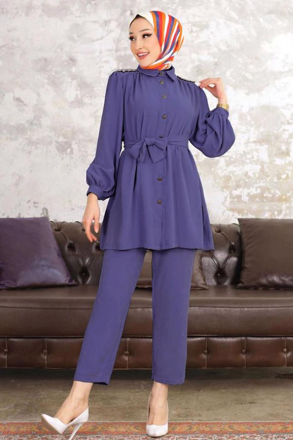 Tesettür giyim MOR TAŞ DETAYLI KUŞAKLI PANTOLONLU TAKIM  T 54006