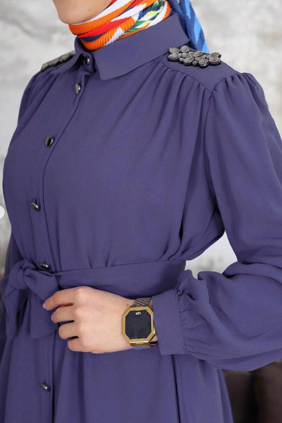 Tesettür giyim MOR TAŞ DETAYLI KUŞAKLI PANTOLONLU TAKIM  T 54006