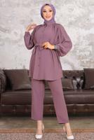 Tesettür giyim PEMBE TAŞ DETAYLI KUŞAKLI PANTOLONLU TAKIM  T 54006