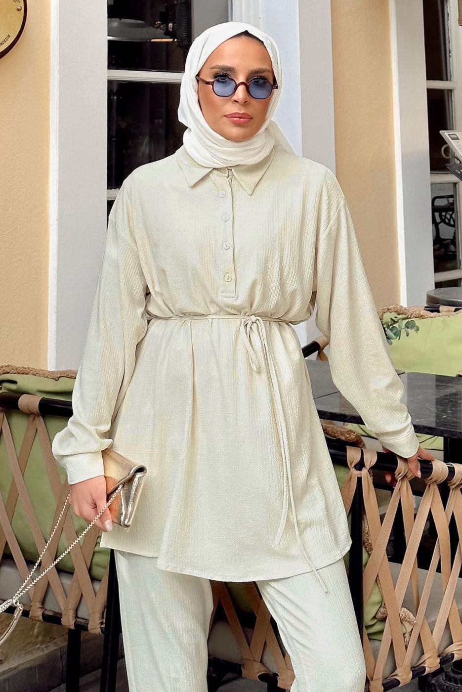 Tesettür giyim BEJ DÜĞME DETAYLI KUŞAKLI PANTOLONLU TAKIM T 55014
