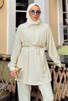 Tesettür giyim BEJ DÜĞME DETAYLI KUŞAKLI PANTOLONLU TAKIM T 55014