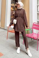 Tesettür giyim KAHVE DÜĞME DETAYLI KUŞAKLI PANTOLONLU TAKIM T 55014