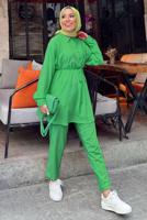 Tesettür giyim YEŞİL DÜĞME DETAYLI KUŞAKLI PANTOLONLU TAKIM T 55014