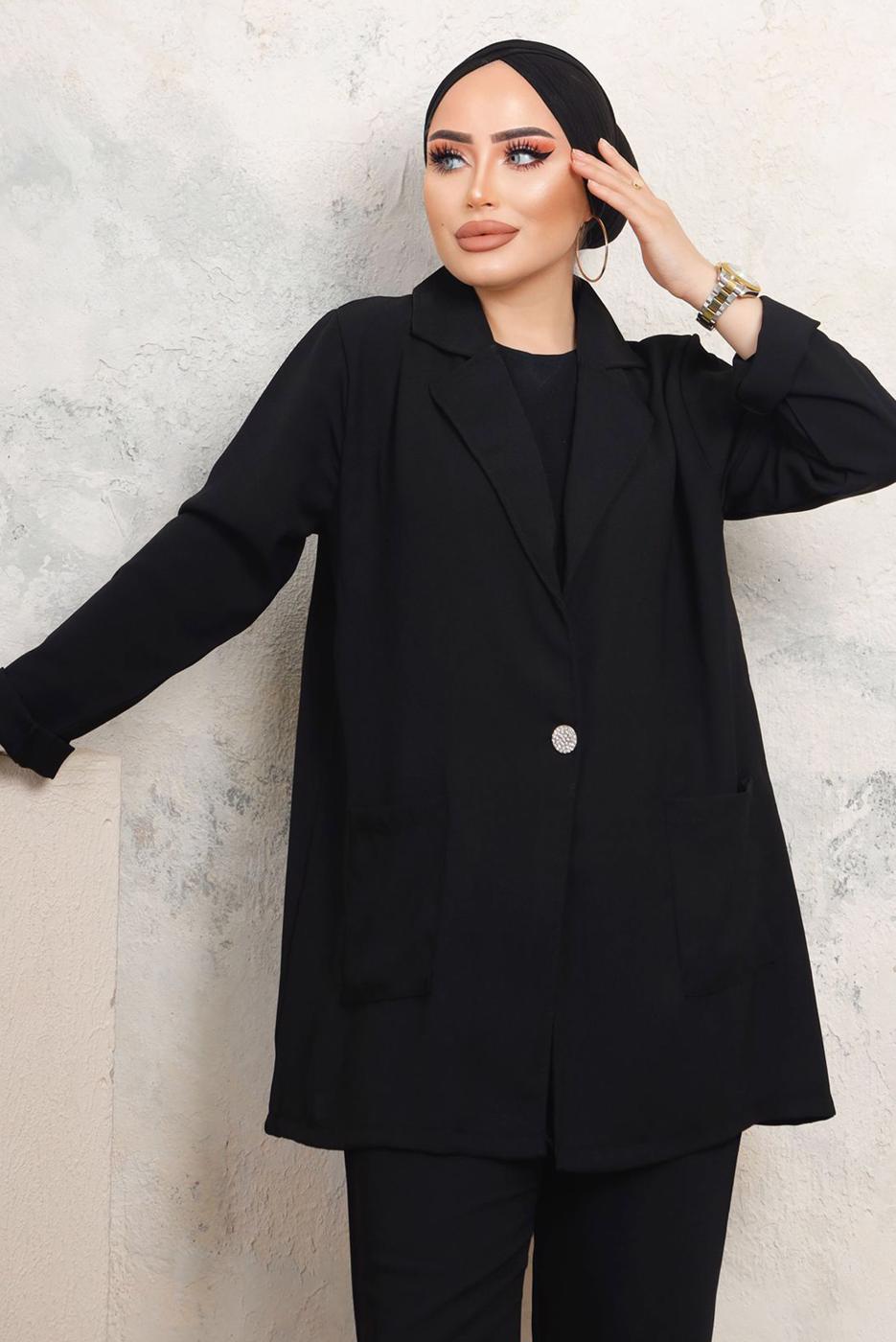 Tesettür giyim SİYAH KRUVAZE YAKA CEP DETAYLI PANTOLONLU TAKIM T 5503
