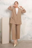 Tesettür giyim KAHVE KRUVAZE YAKA CEP DETAYLI PANTOLONLU TAKIM T 5503