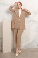 Tesettür giyim KAHVE KRUVAZE YAKA CEP DETAYLI PANTOLONLU TAKIM T 5503