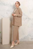 Tesettür giyim KAHVE KRUVAZE YAKA CEP DETAYLI PANTOLONLU TAKIM T 5503