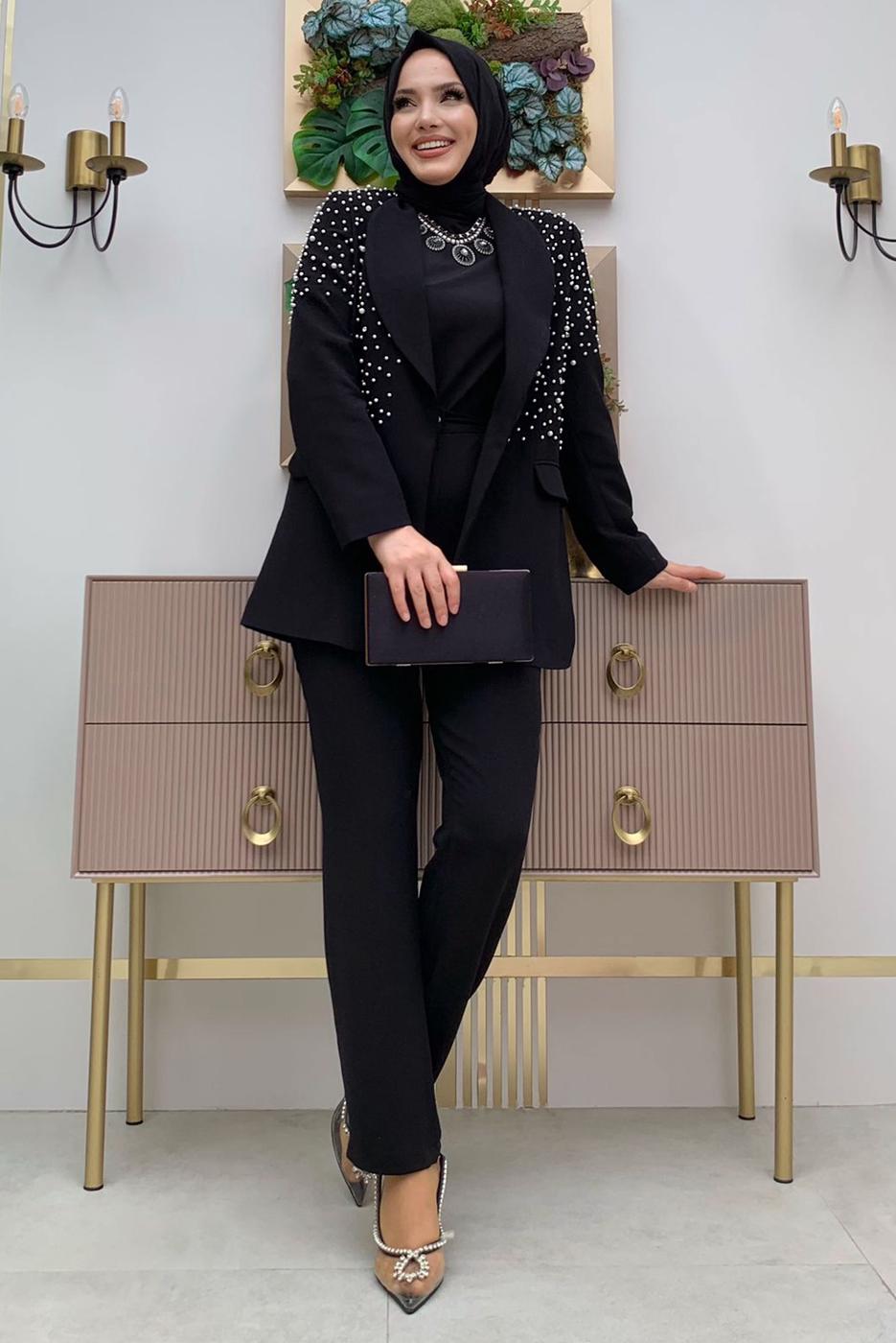 Tesettür giyim SİYAH İNCİ VE TAŞ DETAYLI İKİLİ PANTOLONLU TAKIM T 6048