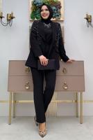 Tesettür giyim SİYAH İNCİ VE TAŞ DETAYLI İKİLİ PANTOLONLU TAKIM T 6048
