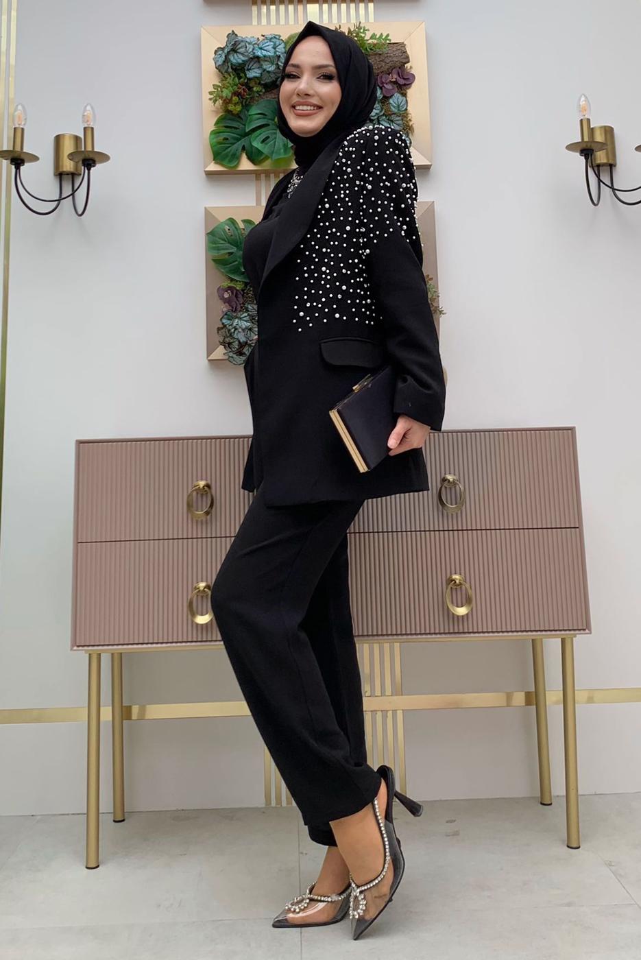Tesettür giyim SİYAH İNCİ VE TAŞ DETAYLI İKİLİ PANTOLONLU TAKIM T 6048