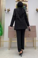 Tesettür giyim SİYAH İNCİ VE TAŞ DETAYLI İKİLİ PANTOLONLU TAKIM T 6048