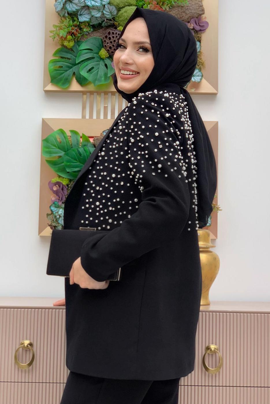Tesettür giyim SİYAH İNCİ VE TAŞ DETAYLI İKİLİ PANTOLONLU TAKIM T 6048