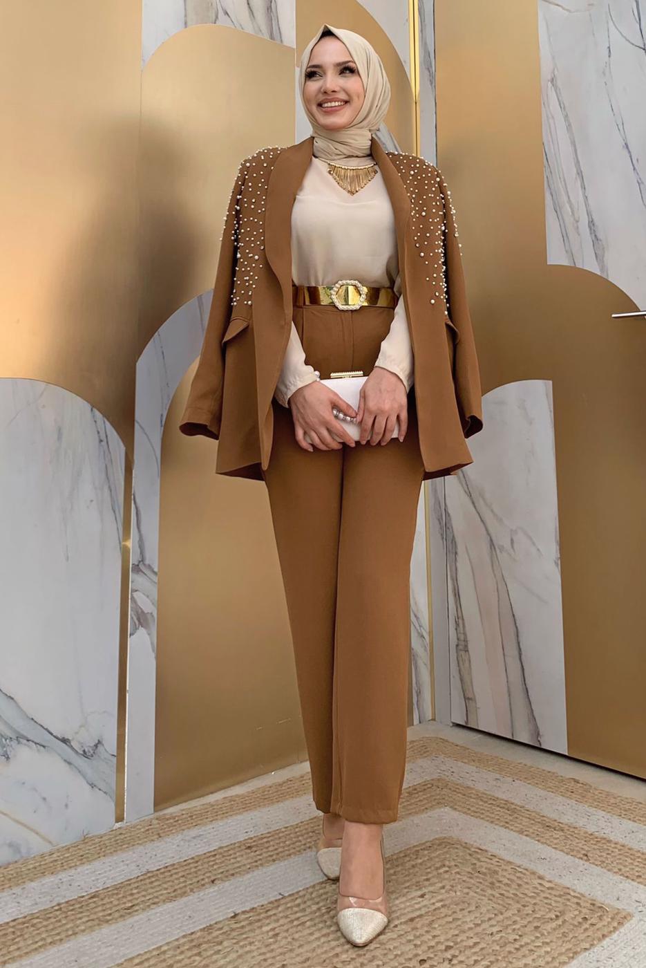 Tesettür giyim TABA İNCİ VE TAŞ DETAYLI İKİLİ PANTOLONLU TAKIM T 6048