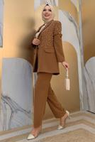 Tesettür giyim TABA İNCİ VE TAŞ DETAYLI İKİLİ PANTOLONLU TAKIM T 6048